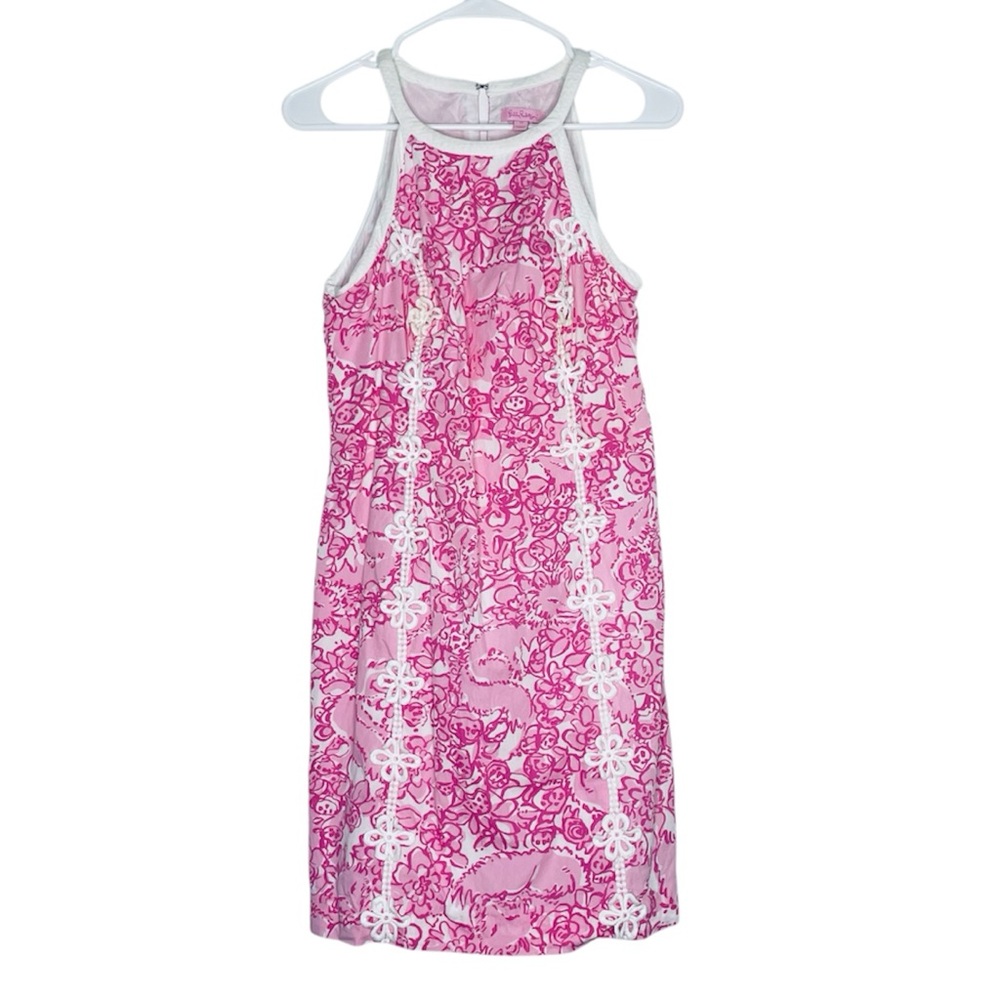 Lilly Pulitzer “She’s A Fox” Pink & White sleeveless dress Crochet Trim Size 12